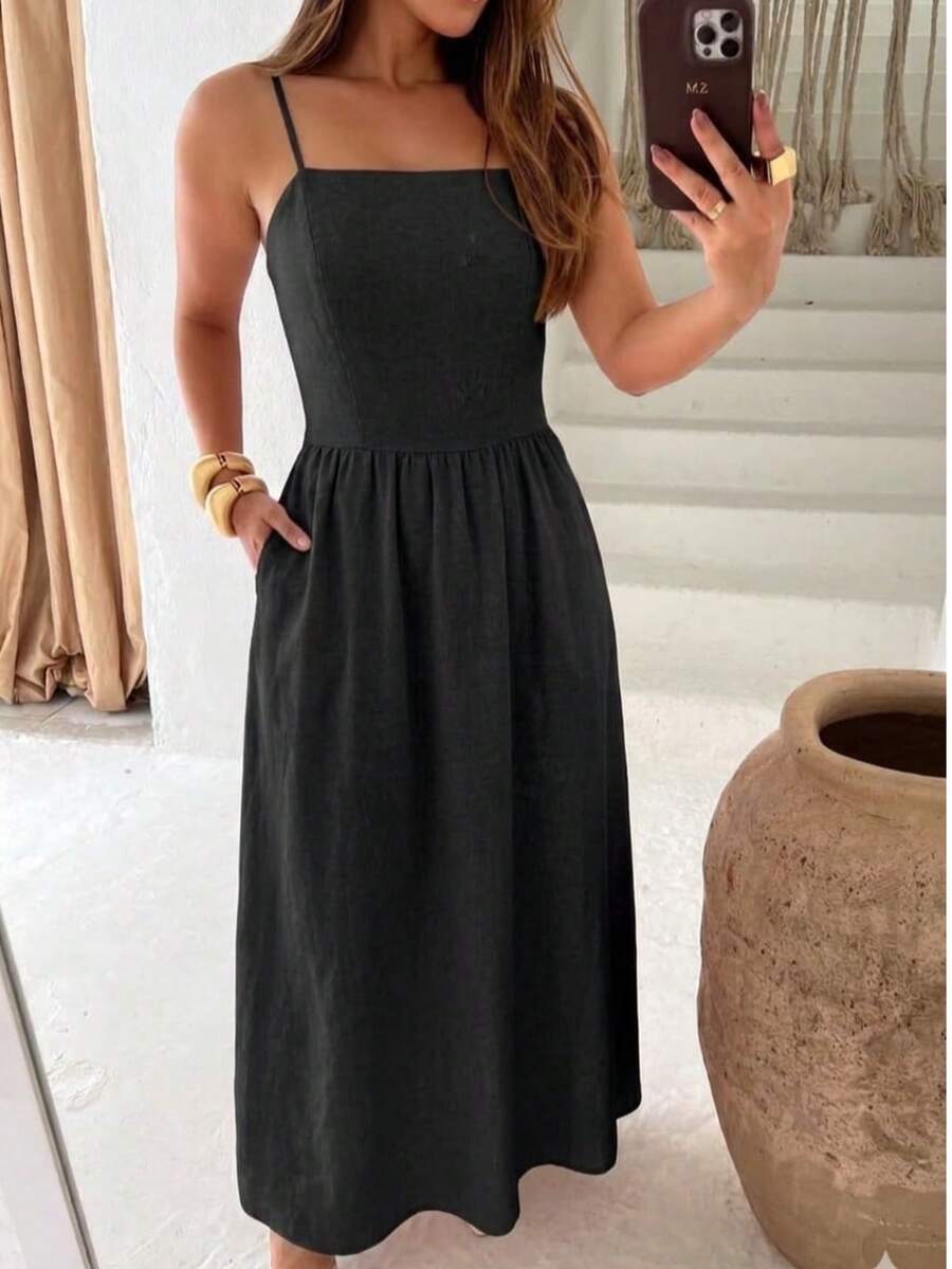 Simple Casual Long Dress In Linen With Elastane, Elegant Ruffled Hem, Elasticated Waistband And Pockets, Adjustable Straps, Perfect For Parties, Weddings, And Summer - 黑色 - 查看 1