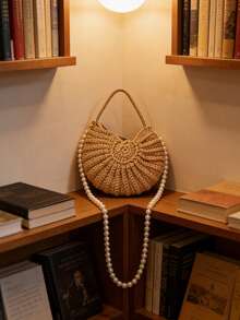 Crochet Shell Straw Bag With Pearl Chain, Bohemian Woven Crescent Handbag, Detachable Faux Pearl Strap Beach Bag For Summer, Ideal For Vacation, Wedding & Daily Outfits, Suitable For Women, Brides & Fashion Enthusiasts, Perfect For Spring Break, Beach Trips & Gifting, Versatile As Shoulder Bag, Clutch & Bridal Accessory - Multicolor - View 7