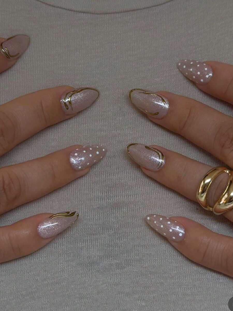 10片手工制作杏仁形美甲贴片，带银色LED灯、宽光束猫眼、白色波点装饰、金色镜面、不对称粉色亚克力美甲套装。时尚高端，易于佩戴和卸除，纽扣式美甲。 - 銀色 - 查看 1