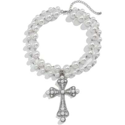 Collar de mujer hecho a mano con abalorio cruzadas y abalorio de circonita cúbica, collar con babero punk, perlas artificiales, gótico, moderno, collar de cadena de moda,43376254