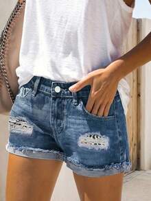 女士 Y2K 印花拼接做旧水洗牛仔短裤，兼具美学与街头潮流 - 藍色 - 查看 1