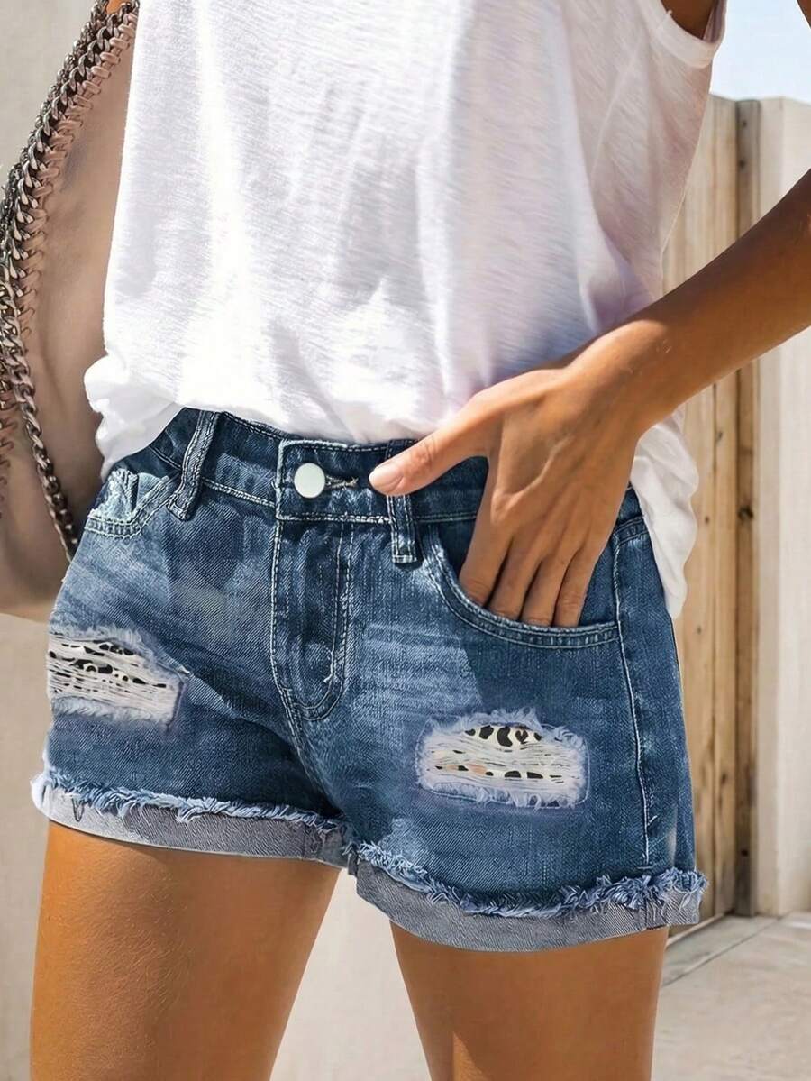 女士 Y2K 印花拼接做旧水洗牛仔短裤，兼具美学与街头潮流 - 藍色 - 查看 1