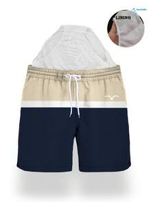 Men's Quick-Dry Mesh-Lined Swimming Shorts With Contrast Color, Drawstring Waist, Side Pockets And Seagull Print - Multicolor - View 3