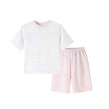 Annil Children's Striped Color-Blocked Knitted Short-Sleeved Trousers Set For Boys And Girls, Suitable For Both Home And Outdoor Wear, New Summer Style. - Porcelain Powder - View 12