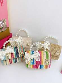 Striped Straw Small Square Bag, Lace Bow Pearl Handbag, Girly Vacation Crossbody Bag - Multicolor - View 4
