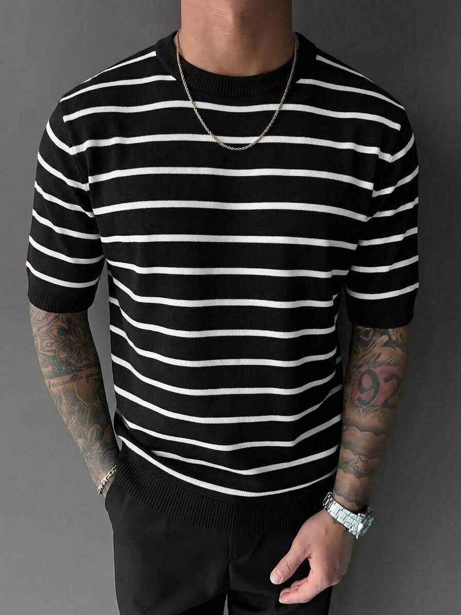 GRDR Men's Minimalist Striped Basic Crew Neck Short Sleeve Knit Sweater, Spring/Summer - Black - View 1