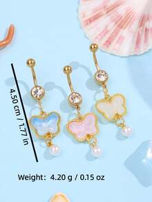 优雅、甜美、可爱、时尚、精致的粉色、黄色、蓝色蝴蝶和仿珍珠肚脐环饰品，女士款 - 彩色 - 查看 9