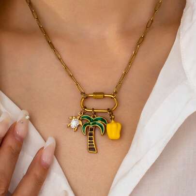 1 Pc 18K Gold Plated Stainless Steel Chain Carabiner Necklace - Enamel Tropical Palm Tree & Fruit Charm Necklaces - Boho Bohemian Jewelry For Summer Vacation