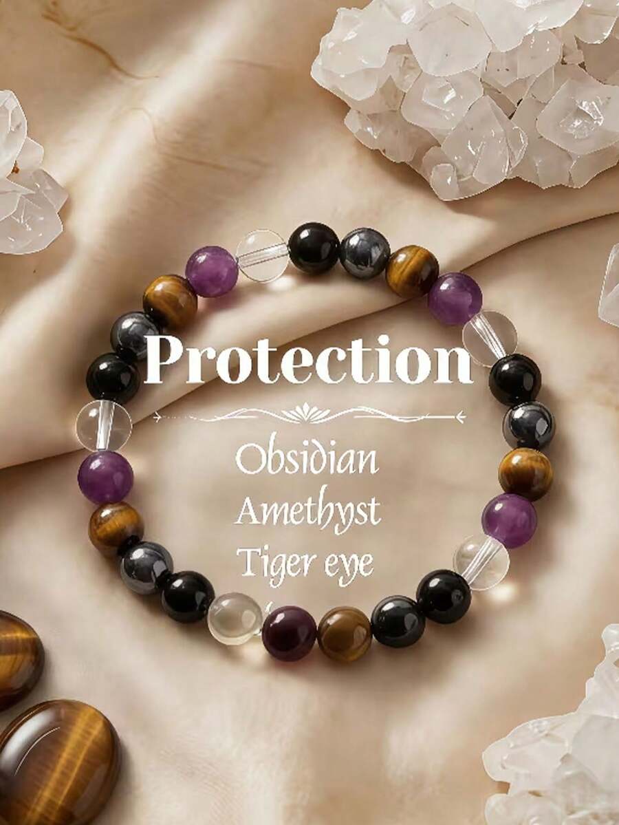 Natural Stone Protection Bracelet, Obsidian, And, Tiger's Eye, Beaded Elastic Wristband, Black And Golden Tone Design With Transparent Spherical Beads And Smooth Cylindrical Obsidian, Jewelry For Daily Wear Or Special Occasions, A Spiritual Grounding - Multicolor - View 1