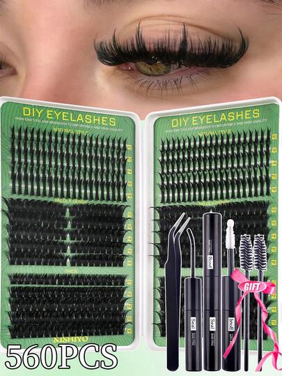 560 Pcs 6 Styles Mixed D Curl Cluster Eyelash Large Capacity Mix Eyelash + Spiky Eyelash + 80D/100D/120D/160D Fluffy Individual Eyelash DIY Eyelash At Home Thick Cluster Eyelash Natural Wispy Lashes Extension With Makeup Tools