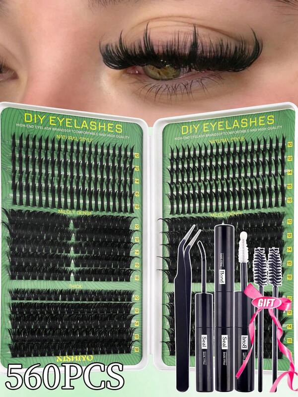 560 Pcs 6 Styles Mixed D Curl Cluster Eyelash Large Capacity Mix Eyelash + Spiky Eyelash + 80D/100D/120D/160D Fluffy Individual Eyelash DIY Eyelash At Home Thick Cluster Eyelash Natural Wispy Lashes Extension With Makeup Tools