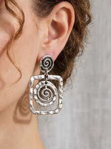 1 Pair Retro Bohemian Style Alloy Spiral Textured Dangle Earrings, Gift & Daily Wear For Women - Alloy Square Earrings - View 3