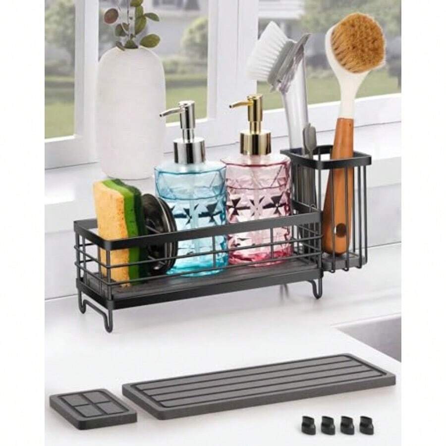 Kitchen Sink Caddy With Water Absorbent Diatomite Stone Sink Tray Fast Drying Sink Organizer With High Dish Brush Holder Sponge Holder For Kitchen Sink Stainless Steel - màu đen - Xem 1
