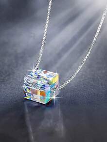 1件S925纯银极光立方体吊坠项链，精致甜美的立方体吊坠项链，简约奢华百搭小巧颈链 - 方形 - 查看 8