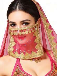 Bohemian Coin Fringe Sequin Embellished Sheer Mesh Face Veil - Exotic Belly Dance Accessory, Music Festival & Halloween Cosplay Face Decor (Multiple Colors Available) - Multicolor - View 9