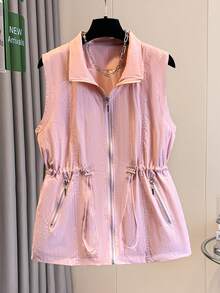 Chaleco sin mangas de verano para mujer, cuello alto, diseño con cremallera, forrado, versátil, cómodo para el transporte, de moda y ligero, color rosa primaveral - Rosa - Ver 1