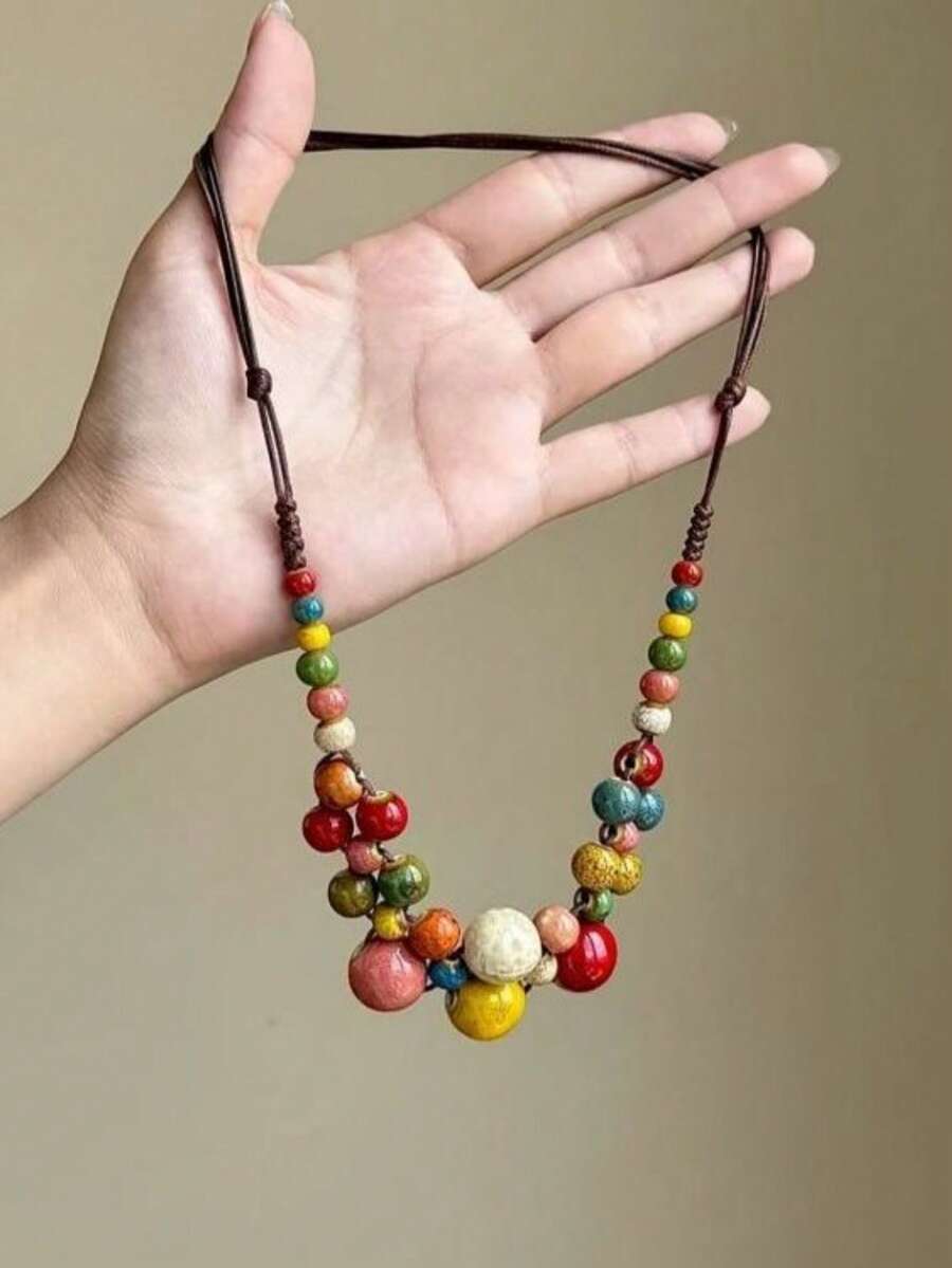 1 chiếc vòng cổ dây sáp đính hạt gốm có thể điều chỉnh, kiểu dáng Bohemian chống gió, trang sức mùa hè thủ công tinh tế, tự làm theo yêu cầu. - Nhiều màu - Xem 1