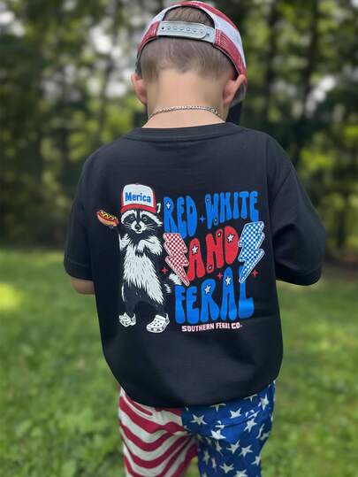 1件幼儿男童街头酷炫黑色短袖T恤，印有彩色字母和棕榈树图案，休闲宽松版型上衣