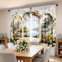 两件套优雅法式花园风景窗帘 - 杆袋式设计,易于悬挂,适用于卧室、客厅、户外窗户 - 涤纶超细纤维面料 - 彩色 - 查看 4