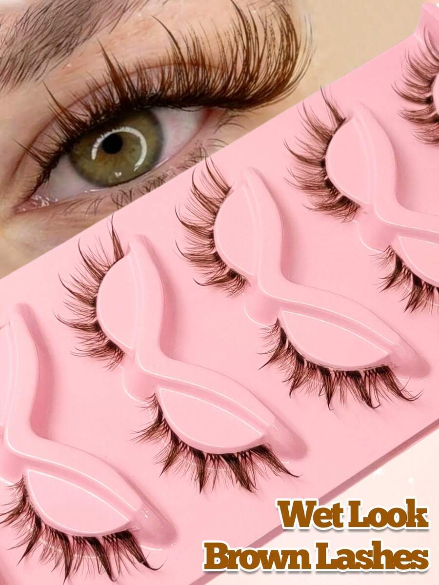 Rikuaild 5 Pairs Brown Wet Effect Spiky Lashes, Natural Looking Transparent Band False Eyelashes, Thick & Lengthening Lashes, Makeup Tools - Comic wet eyelashes - View 1