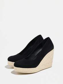 Women's Platform Wedge Shoes, Black Faux Suede Round Toe Woven Wedge Slip-On Pumps - Black - View 7