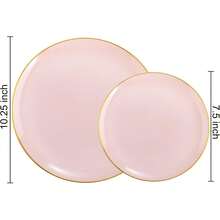 10个粉色镶金边餐盘 - 粉色和金色塑料餐盘 - 厚实耐用的优质经典餐盘，金色边缘 - 精致的晚餐和甜点餐盘，适合20位宾客的婚礼和派对 - 粉色 - 查看 7