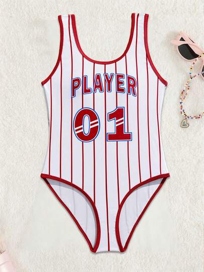 少女针织运动休闲印花条纹圆领泳衣套装，时尚保守的韩版风格，适合夏季海滩游泳度假