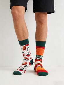 1 双男士不对称汉堡番茄图案中筒袜，四季皆宜 - 彩色 - 查看 3