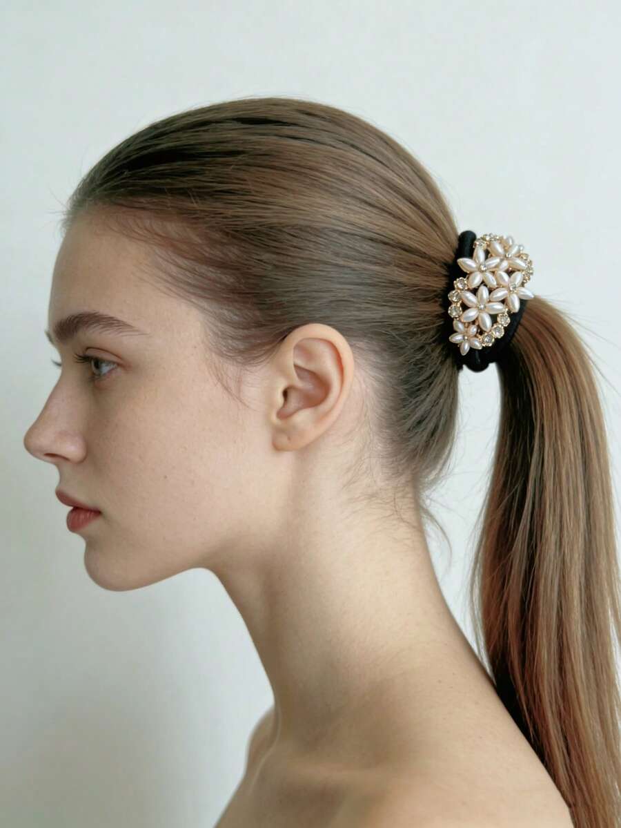 1个优雅珍珠花朵发圈，高品质水钻发绳，弹性材质，日常使用 - 彩色 - 查看 1