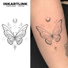 2 PIEZAS Pegatinas decorativas de la serie Mariposa de INKARTLINK, Contorno de mariposa con estrella y luna, Tatuaje corporal temporal resistente al agua, Duración de 1-2 semanas, Tatuaje de jugo de frutas, Adecuado para hombres y mujeres, Imprescindible para personas y fiestas - Negro - Ver 2