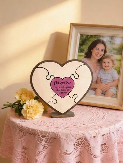 1pc Heart-Shaped Puzzle Decor Board, Desktop Decoration, Mother's Day Gift, Family Love Decor, Modern Minimalist Home Decor, Gratitude Memorial Desktop Display, Romantic Pink Decor, Living Room Bedroom Shelf Decor, Meaningful Emotional Gift, Memorial Art Home Decor