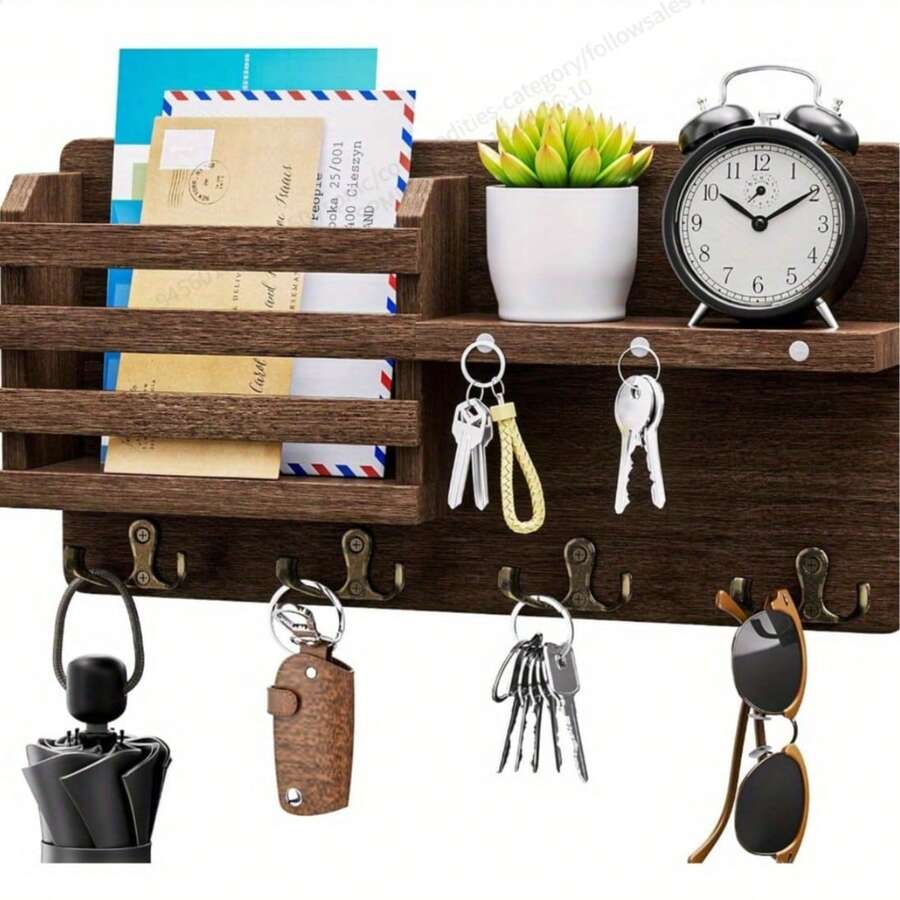 1pc Key Holder With 4 Double Key Hooks, Decorative Country Style Key Rack, Suitable For Entryway, Hallway, Bedroom, Living Room, Wooden Key Organizer - Multicolor - View 1