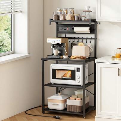 Kitchen Bakers Rack, 4.6ft Power Cable Bakers Rack With Power Outlet, Kitchen Stand With X-Shaped Support Bar, 8 S-Shaped Hooks, Coffee Bar Stand For Dishes, Spice Bottles, Built-In Power Strip