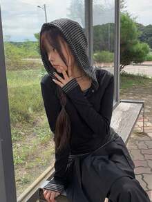 Áo hoodie tay dài cài nút phối màu mùa xuân kẻ sọc cho nữ - màu đen - Xem 3