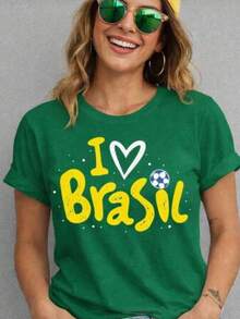 Women's T-Shirt, Brazil Cup Style Blouse, I Love Brazil, Stylish 2026, 100% Cotton, Spring/Summer Style - màu xanh lá - Xem 2