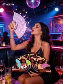1pc Premium "Where My Fans At" Denim Carnival Party Fan, Large Foldable Hand Fan With Western Cowboy & Bar Scene Pattern, Durable Plastic Frame, Suitable For Music Festivals, Nightclubs, Carnivals - Multicolor - View 10