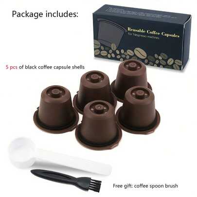 SOKANY 5 Reusable Coffee Capsules, Stainless Steel Strainer Coffee Powder Cups, With Brush + Spoon, PP Cup Body Is High Temperature Resistant, Suitable For Multiple Models, Fine Filtration, Money Saving And , Suitable For Home, Office And Coffee Lovers Who Pursue Convenience And Flavor.