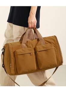 Wet And Dry Separation Fitness Bag With Drawstring, Unisex Short Trip Expandable Casual Luggage Bag, Large Capacity Sports Bag, Versatile Travel Handbag, Foldable Travel Bag, Lightweight Large Capacity Unisex Travel Carry-On Bag Duffle Bag Cabin Bag Weekend Bag Durable For Outdoor Holiday Essential Summer Travel Essentials - Khaki - View 3