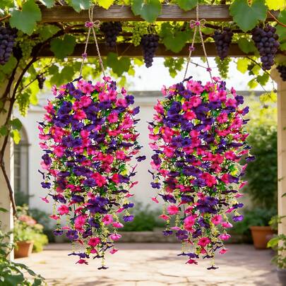 2 Bunches Of 90 Strands Realistic Outdoor/Indoor Decor, UV-Resistant Dual Purple Artificial Hanging Vines With Vibrant Purple And Red Flowers, Maintenance-Free Artificial Flowers For All Seasons, Suitable For Entryway, Porch, Patio, Window Sill, Staircase And Fireplace Decor - Perfect For Valentine's Day, Christmas, Easter, Halloween, Mother's Day, Garden Decor, Winter Outdoor Artificial Flower Decor
