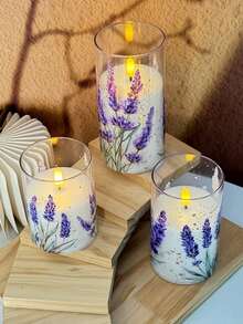 3pcs Flameless Wax Candle Lights With Timer And Remote Control, Battery Powered, , Lavender Floral Print Design, Centerpiece Decor For Wedding, Romantic Proposal, Valentine's Day, Halloween, Christmas, Mother's Day, Birthday Party, Holiday Dinner Table - Lavender - View 5