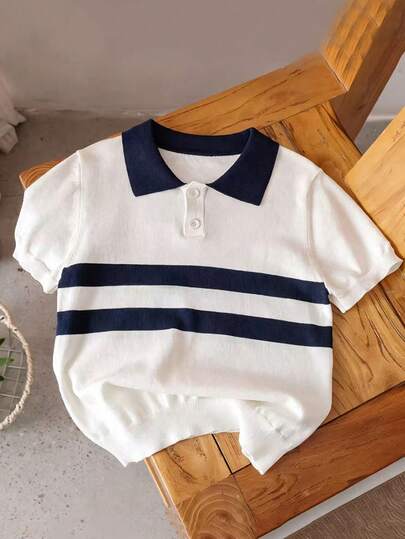 男童条纹Polo衫，短袖莱赛尔针织套头衫，轻薄透气，适合春、夏、秋季穿着。