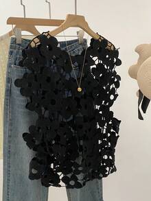女士镂空花卉设计夏季罩衫，性感沙滩罩衫 - 黑色 - 查看 1