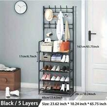 1pc Multi-Functional Iron Shoe Rack, 4/5 Tiers With 8 Hooks - Easy Assembly, Black/White Shoe Organizer Shelf - Multicolor - View 15