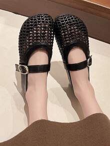 Giày bệt nữ da thấp cổ, mũi tròn, thoáng khí, có khóa cài, màu đen/be/bạc, dành cho thanh thiếu niên và người trung niên, thích hợp mang hàng ngày, mùa xuân/hè. - màu đen - Xem 5