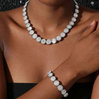 1 Set Women's 8mm Round Diamond Splice Chain Necklace And Bracelet, Fashion Jewelry Gift