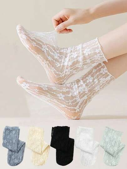 1/5/10双可爱甜美透气网眼丝袜，适合春夏穿着，轻薄纯色蕾丝梅花中筒袜