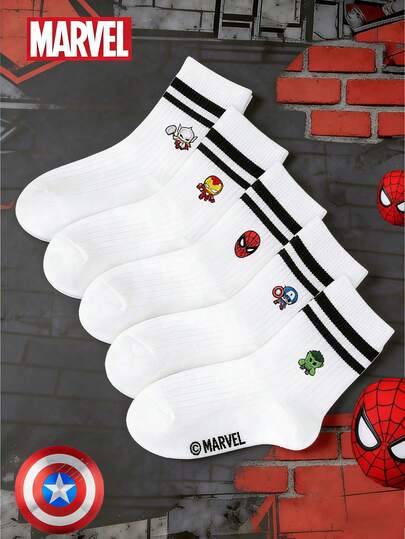 Marvel 1/5 pares de calcetines para niños con estampados de  Spiderman, Iron Man, , Thor, calcetines con volantes, calcetines blancos a rayas negras tipo tripulación, calcetines tobilleros para niñas y niños, calcetines tobilleros suaves y transpirables, calcetines sin deslizamiento para mocasines, calcetines tobilleros con gráficos de dibujos animados, lindos y casuales para uso diario
