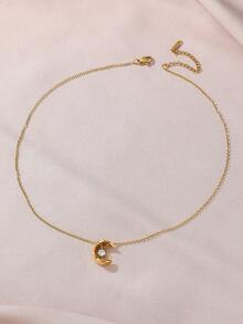 1pc 18K Gold Plated Stainless Steel C-Shaped Pendant Necklace, Elegant Romantic Style, Minimalist Retro Vibe, Suitable For Daily, Commute, Street, Party Wear, Great Gift - Gold - View 3