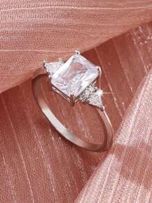 1PC Classic Luxury Sparkling Square Zirconia Inlaid Ring - Women's Fashion Wedding Engagement Ring - Anniversary Gift For Her - Silver - View 1
