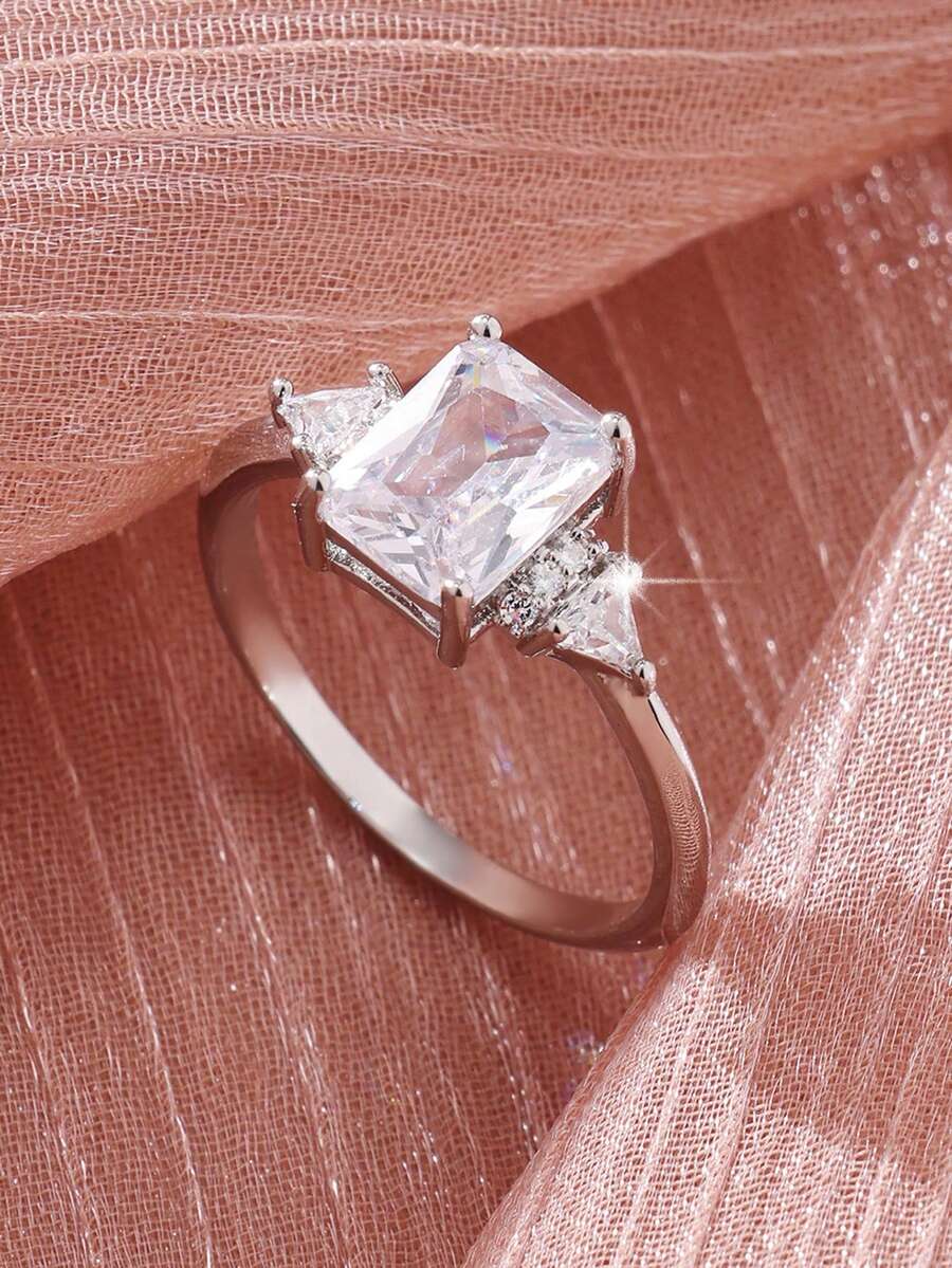 1PC Classic Luxury Sparkling Square Zirconia Inlaid Ring - Women's Fashion Wedding Engagement Ring - Anniversary Gift For Her - Silver - View 1